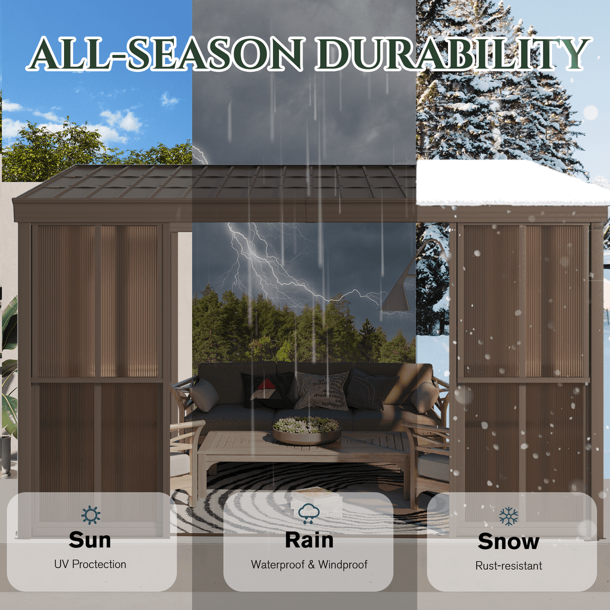 EROMMY 10 x 12FT Wall-Mounted Sunroom with Removable 3-Sided Doors & Aluminum Frame, All-Weather Sun Room with Galvanized Steel Roof, 6mm Thickened PC Screen