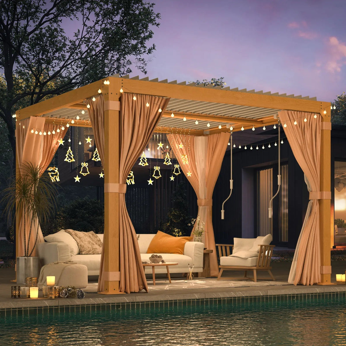 EROMMY 10X10 Pergola with Louvered Adjustable Roof – Wood Grain