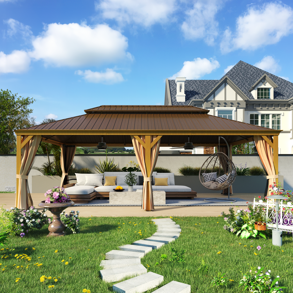 EROMMY 14X22 Hardtop Grill Gazebo with Netting and Sides