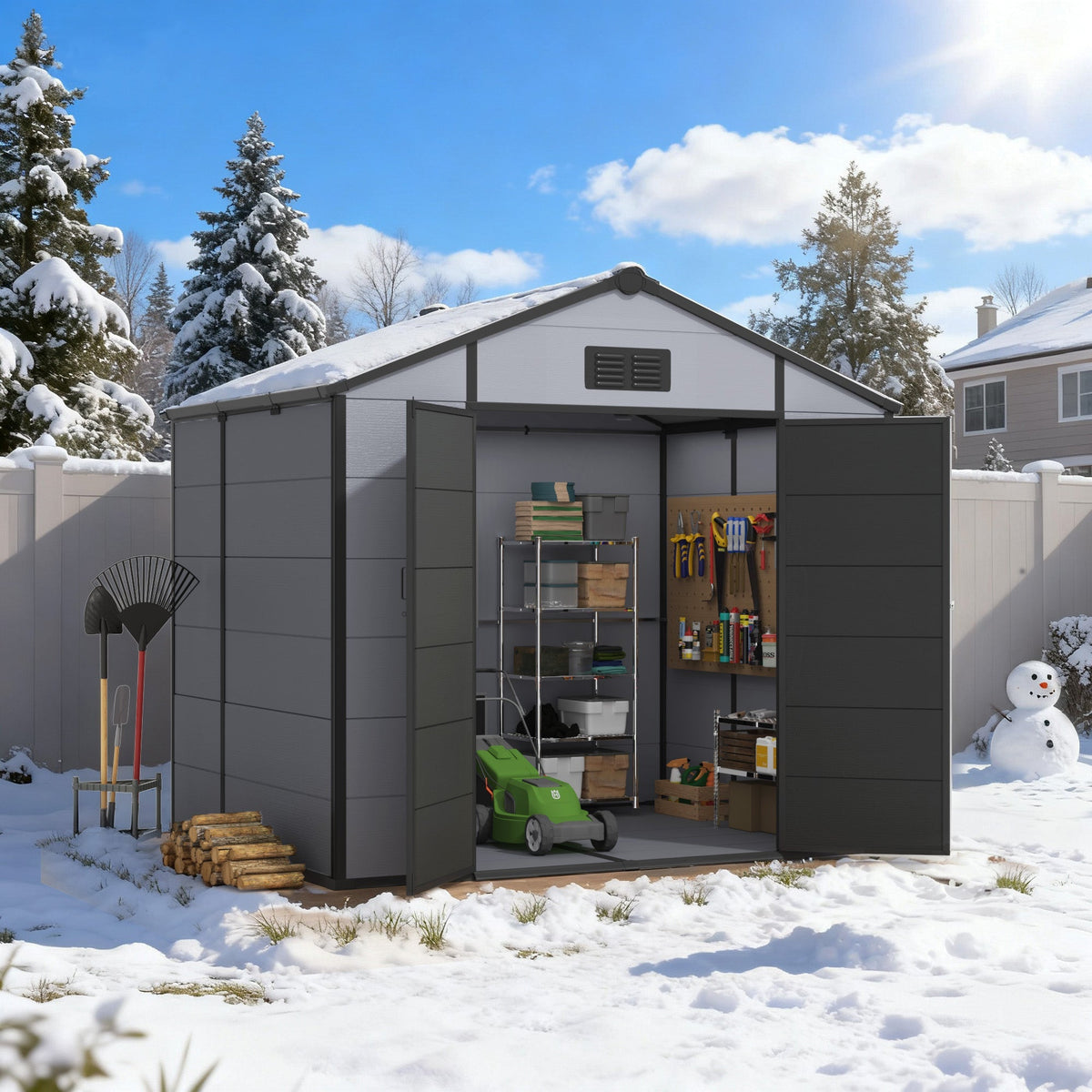 8x6 FT Outdoor Storage Shed, Weather-Resistant Shed with Lockable Double Doors & Built-In Floor, Sloped Roof Outdoor Shed for Backyard, Patio & Lawn, Black