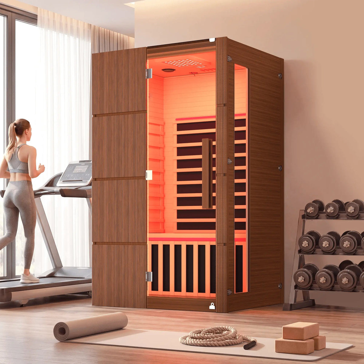 EROMMY 2-Person Indoor Infrared Sauna for Home, Far Infrared Sauna with Red Light Therapy, Chromotherapy Lighting, 6 Carbon Heaters & Bluetooth Speaker, Walnut
