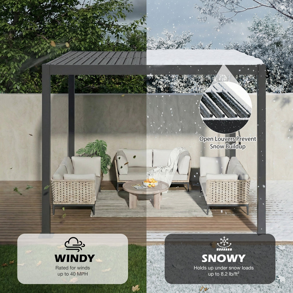 EROMMY 10' x 10' Outdoor Pergola with Adjustable Louvered Roof & Integrated Drainage, Heavy-Duty Metal Louvered Pergola for Patios, Black