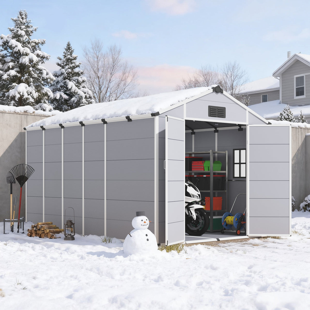 8x12 FT Outdoor Storage Shed, Weather-Resistant Shed with Lockable Double Doors & Built-In Floor, Sloped Roof Outdoor Shed for Backyard, Patio & Lawn, Gray