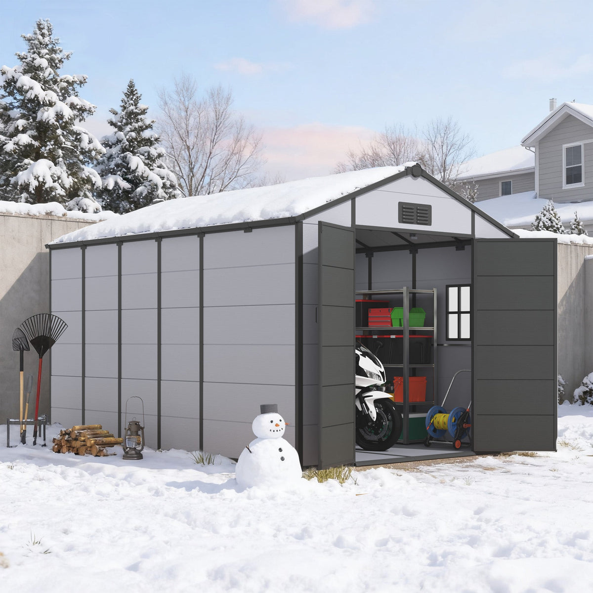 8x12 FT Outdoor Storage Shed, Weather-Resistant Shed with Lockable Double Doors & Built-In Floor, Sloped Roof Outdoor Shed for Backyard, Patio & Lawn, Black