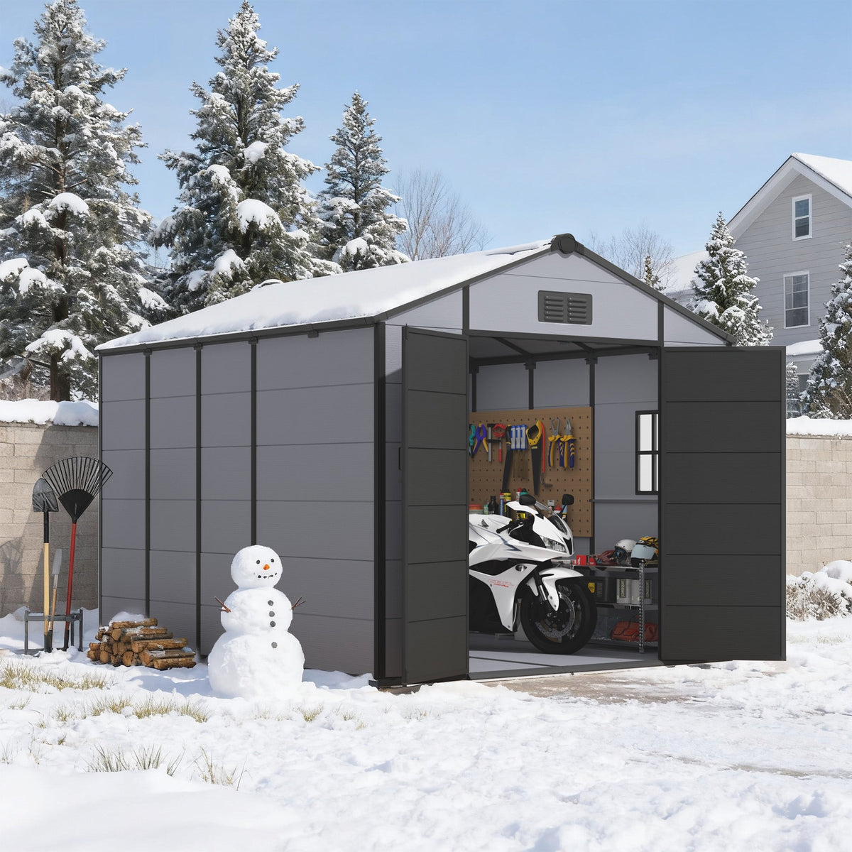 8x10 FT Outdoor Storage Shed, Weather-Resistant Shed with Lockable Double Doors & Built-In Floor, Sloped Roof Outdoor Shed for Backyard, Patio & Lawn, Black