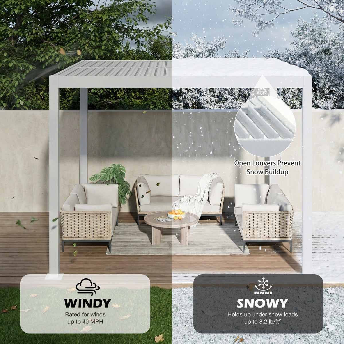 EROMMY 10' x 10' Outdoor Pergola with Adjustable Louvered Roof & Integrated Drainage, Heavy-Duty Metal Louvered Pergola for Patios, White