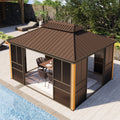 EROMMY 12'*14' Sunroom, with Front Door, Side Entrance, Galvanized Steel Double Top, Wood Grain Appearance, Aluminum Alloy Frame, Solarium Backyard Sun Room