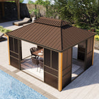 EROMMY 12'*14' Sunroom, with Front Door, Side Entrance, Galvanized Steel Double Top, Wood Grain Appearance, Aluminum Alloy Frame, Solarium Backyard Sun Room