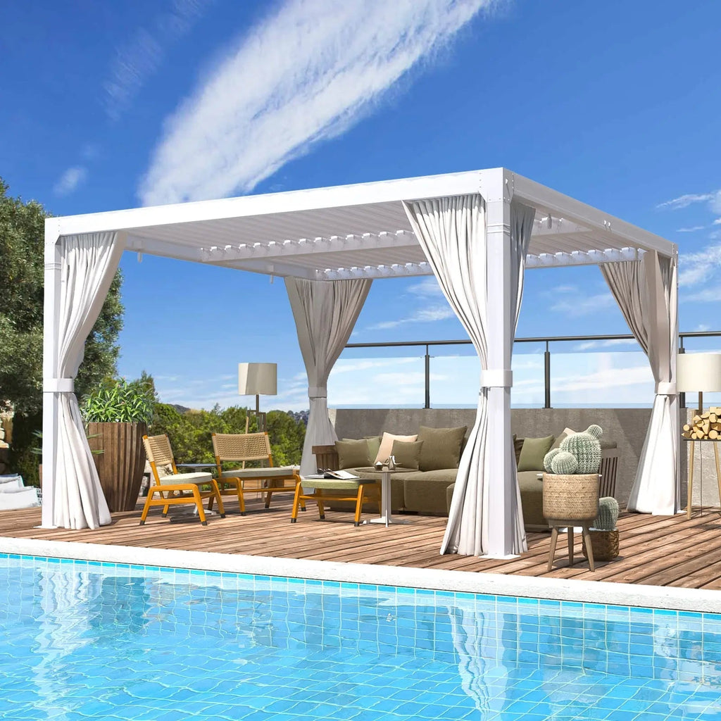 EROMMY 10x10 Louvered Pergola with Waterproof Rain Cover – White