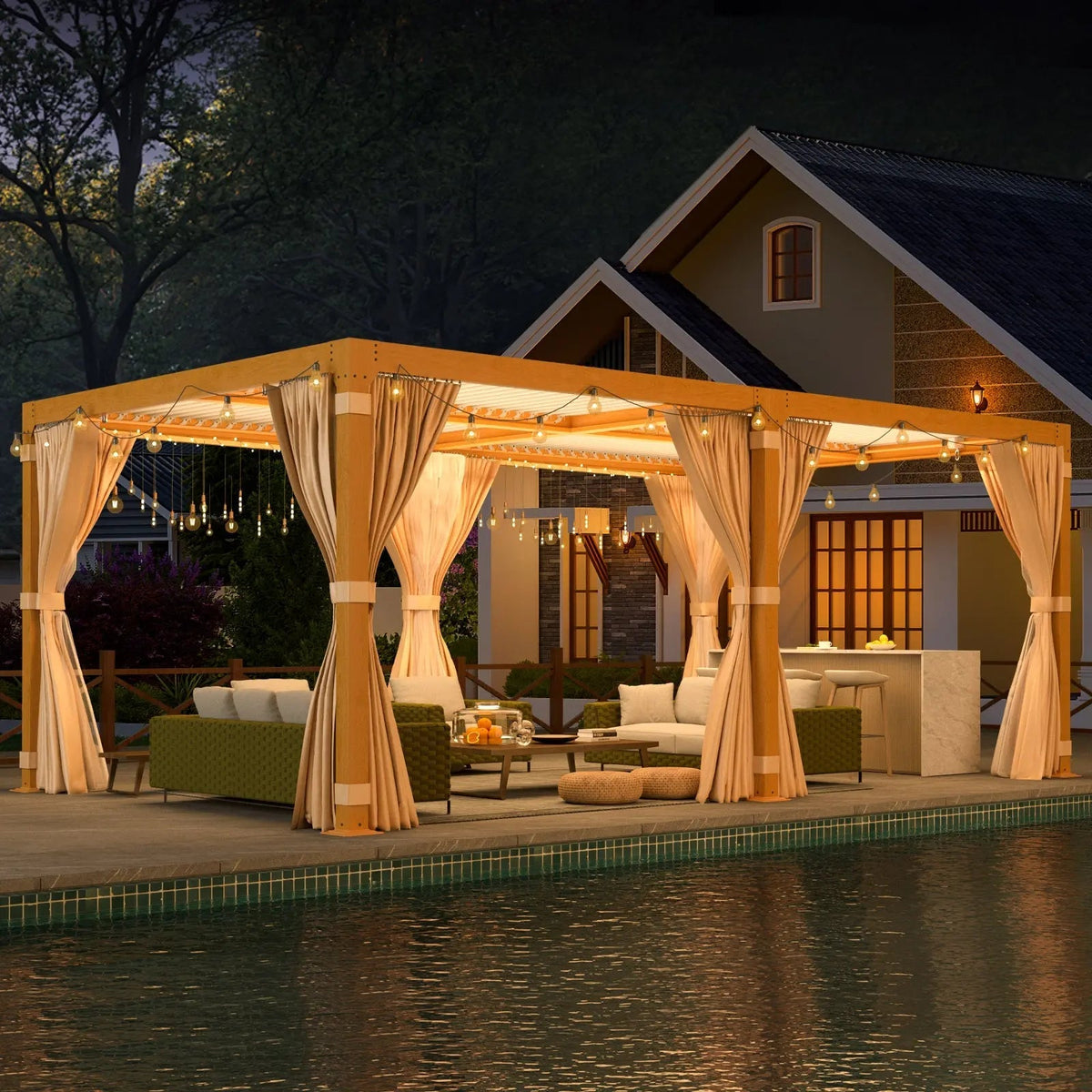 EROMMY 12X20 Adjustable Pergola with Louvers – Wood Grain