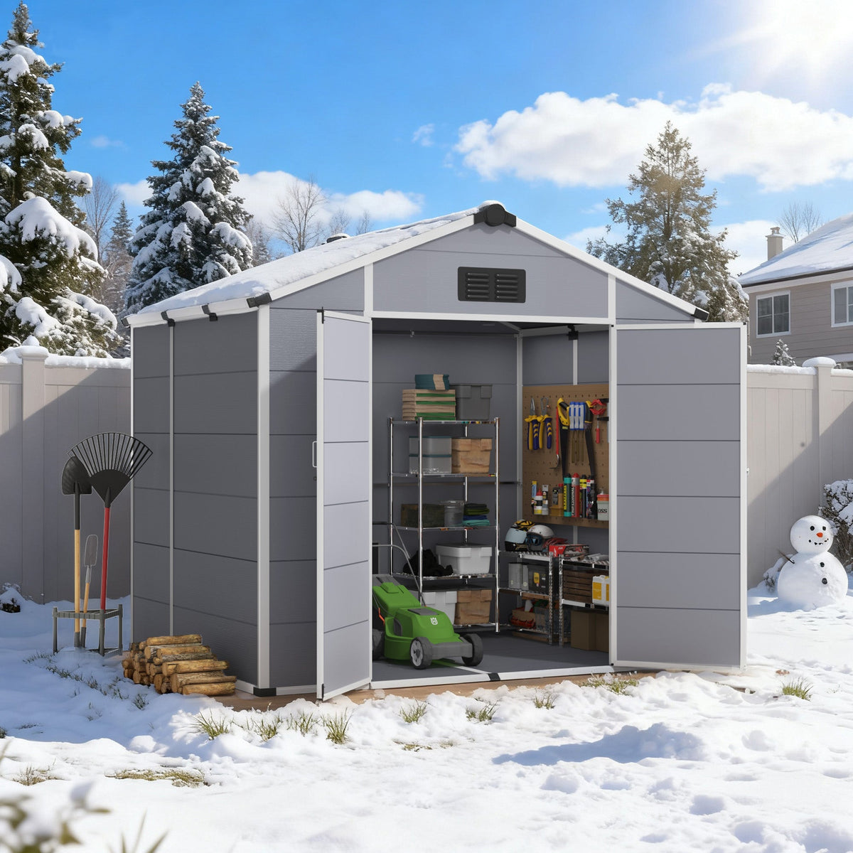 8x6 FT Outdoor Storage Shed, Weather-Resistant Shed with Lockable Double Doors & Built-In Floor, Sloped Roof Outdoor Shed for Backyard, Patio & Lawn, Gray