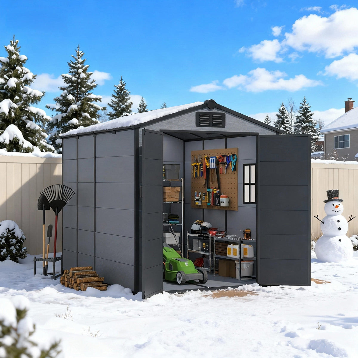 6x8 FT Outdoor Storage Shed, Weather-Resistant Shed with Lockable Double Doors & Built-In Floor, Sloped Roof Outdoor Shed for Backyard, Patio & Lawn, Gray