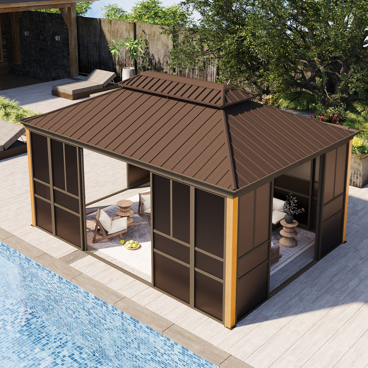 EROMMY 12'*16' Sunroom, with Front Door, Side Entrance, Galvanized Steel Double Top, Wood Grain Appearance, Aluminum Alloy Frame, Solarium Backyard Sun Room