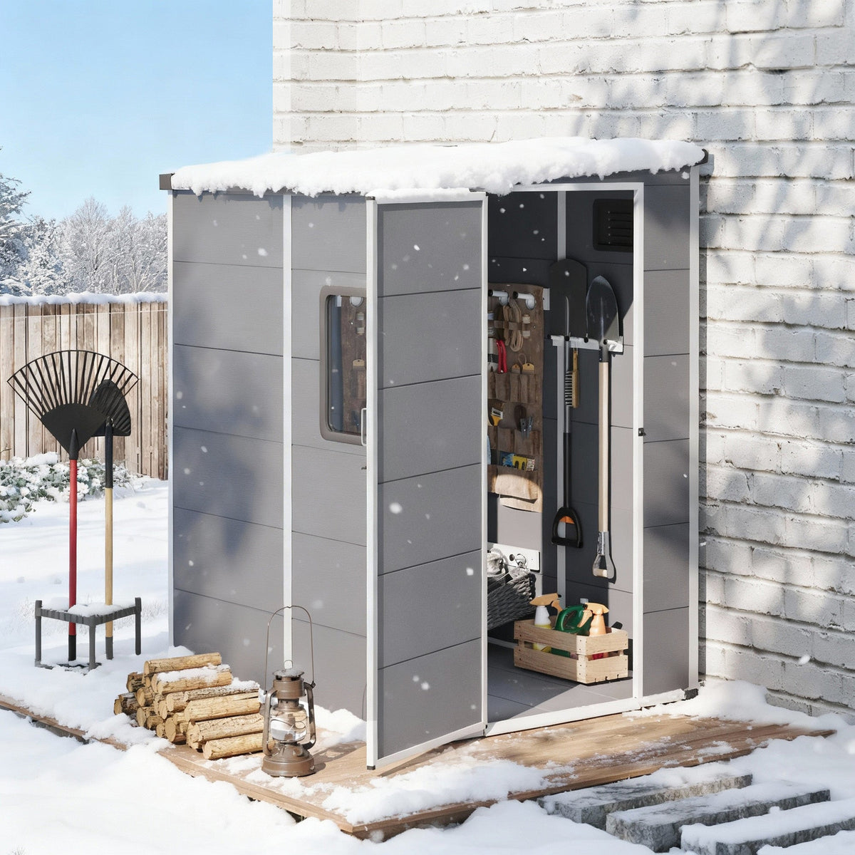 4x5 FT Outdoor Storage Shed, Weather-Resistant Shed with Lockable Double Doors & Built-In Floor, Sloped Roof Outdoor Shed for Backyard, Patio & Lawn, Gray