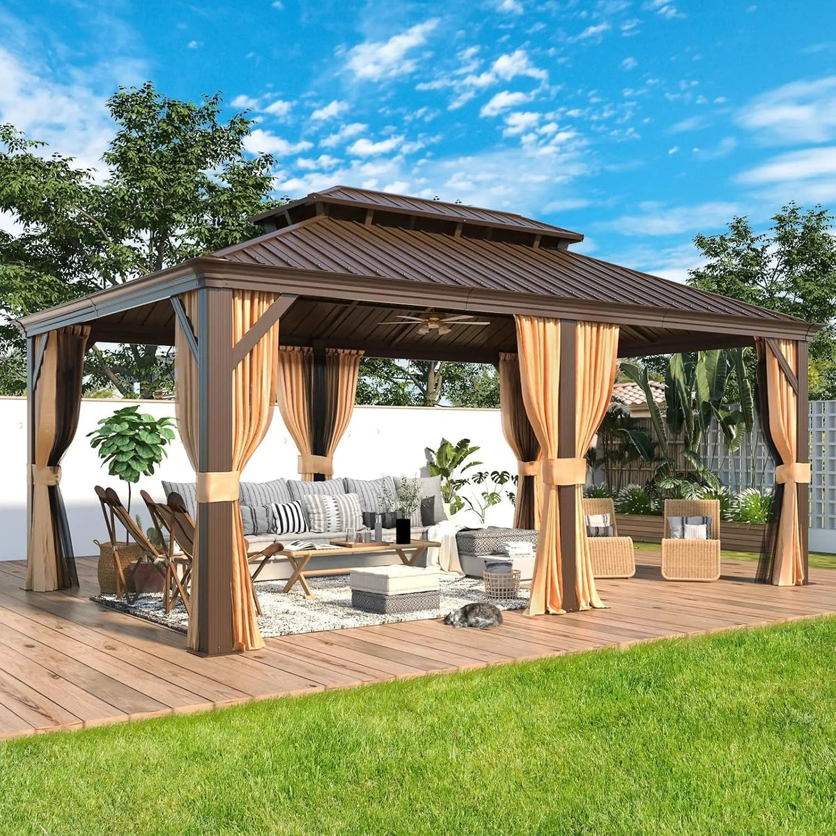 EROMMY 12' x 18' Gazebo with Water Gutter Double Hardtop Roof Galvanized Steel Pavilion Aluminum Frame Permanent Brown