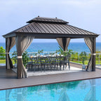 EROMMY 12' x 16' Hardtop Gazebo Galvanized Steel Double-Roof Canopy Outdoor, Aluminum Frame Permanent Metal Pavilion, Netting & Curtains