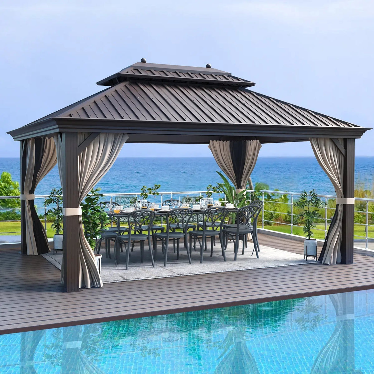 EROMMY 12' x 16' Hardtop Gazebo Galvanized Steel Double-Roof Canopy Outdoor, Aluminum Frame Permanent Metal Pavilion, Netting & Curtains