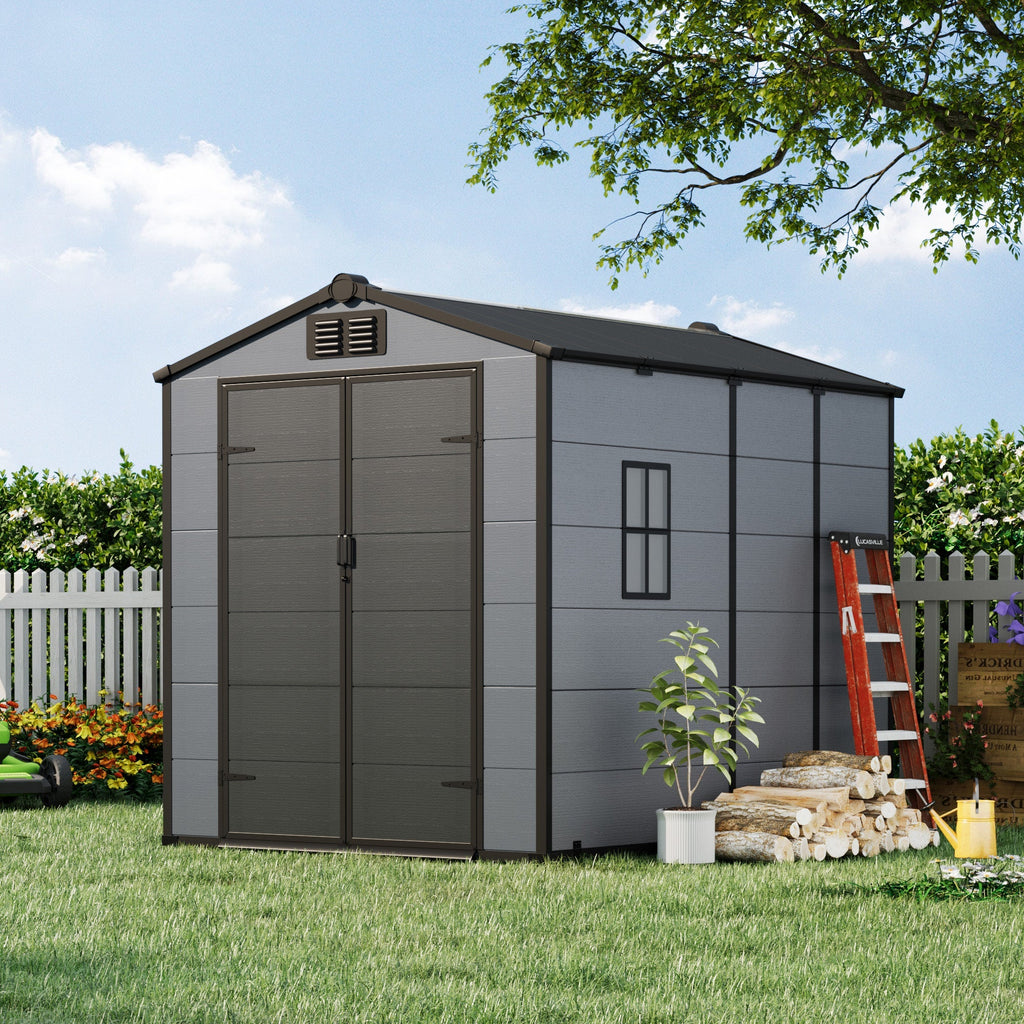 6x8 FT Outdoor Storage Shed, Weather-Resistant Shed with Lockable Double Doors & Built-In Floor, Sloped Roof Outdoor Shed for Backyard, Patio & Lawn, Gray