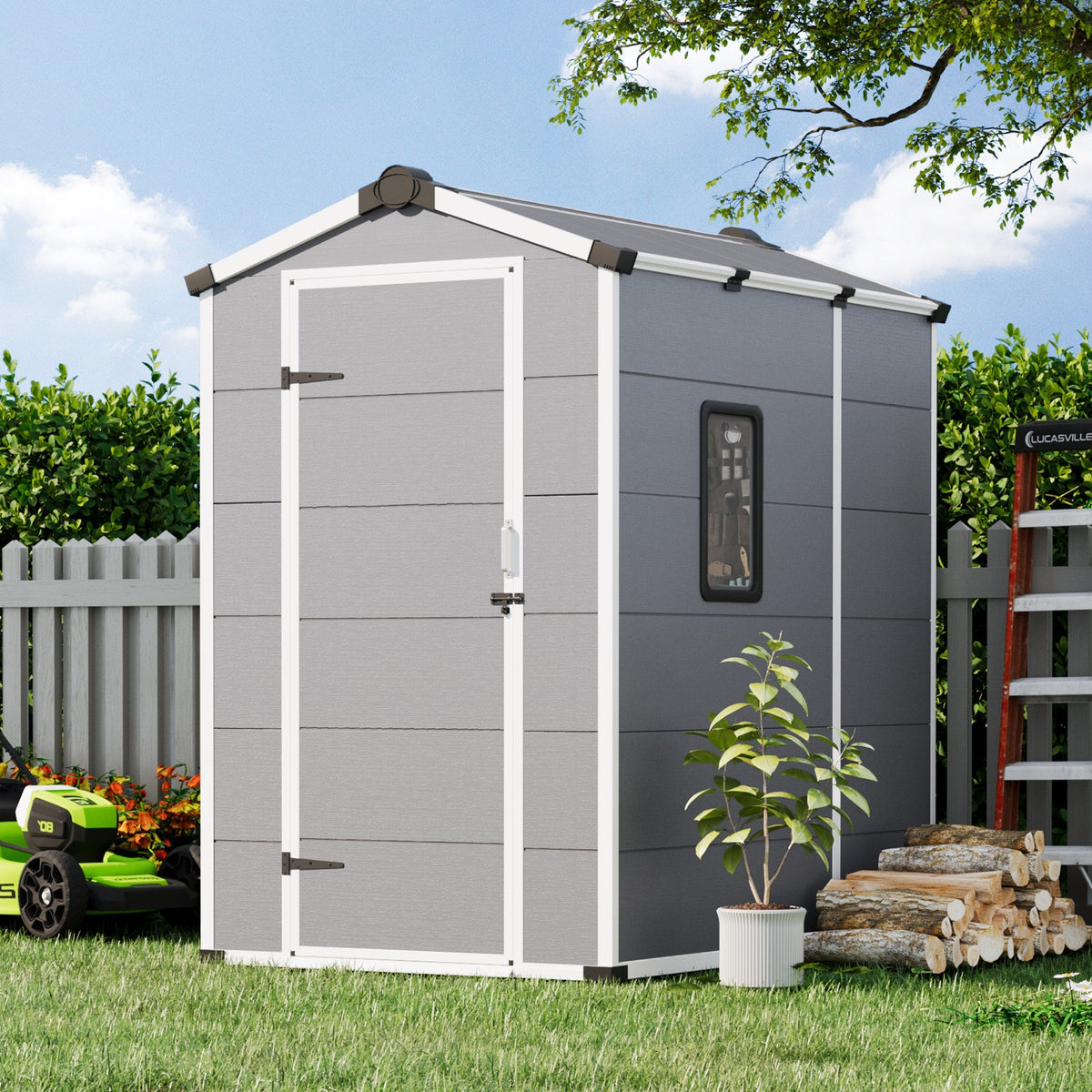 4x6 FT Outdoor Storage Shed, Weather-Resistant Shed with Lockable Double Doors & Built-In Floor, Sloped Roof Outdoor Shed for Backyard, Patio & Lawn, Gray