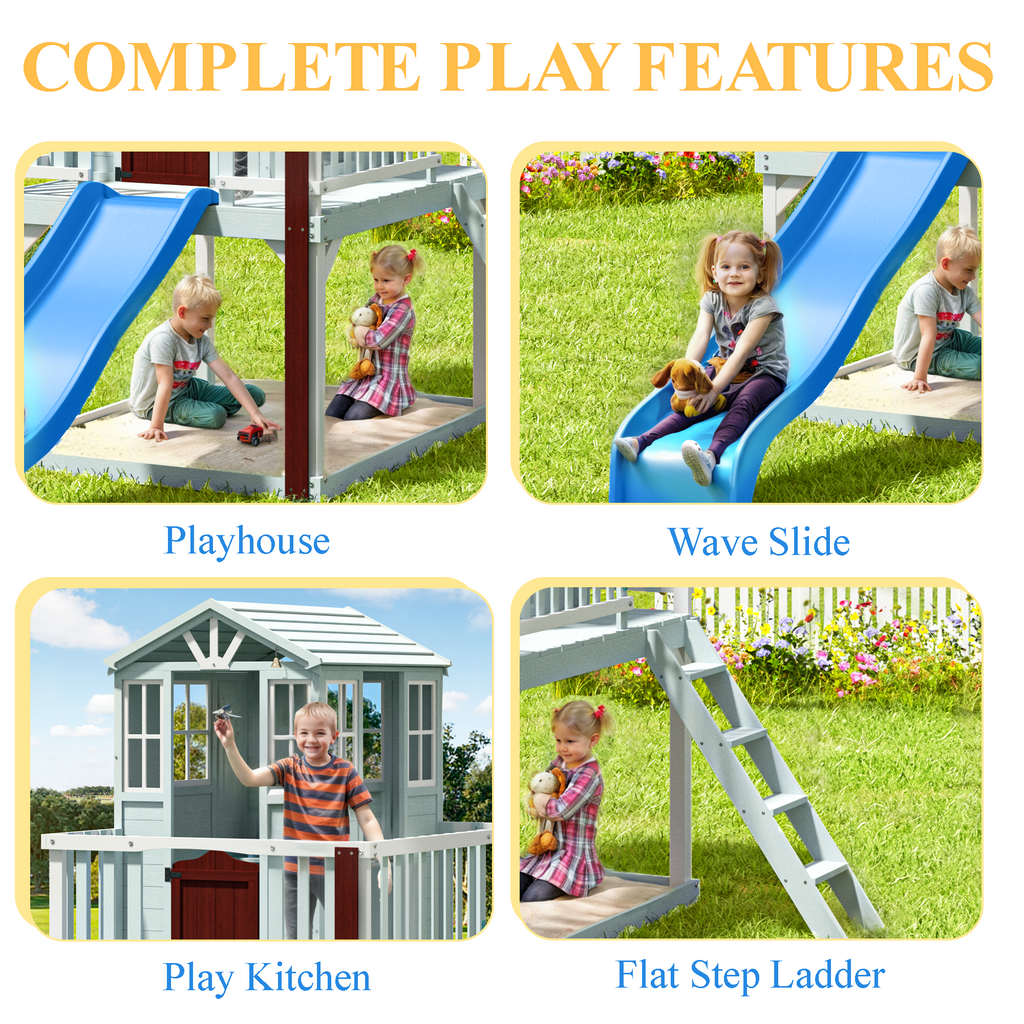 Erommy  Outdoor Wooden Playhouse for Kids - Fir Tree House with Slide, Climbing Ladder & Play Kitchen | Ages 4-8, Gray
