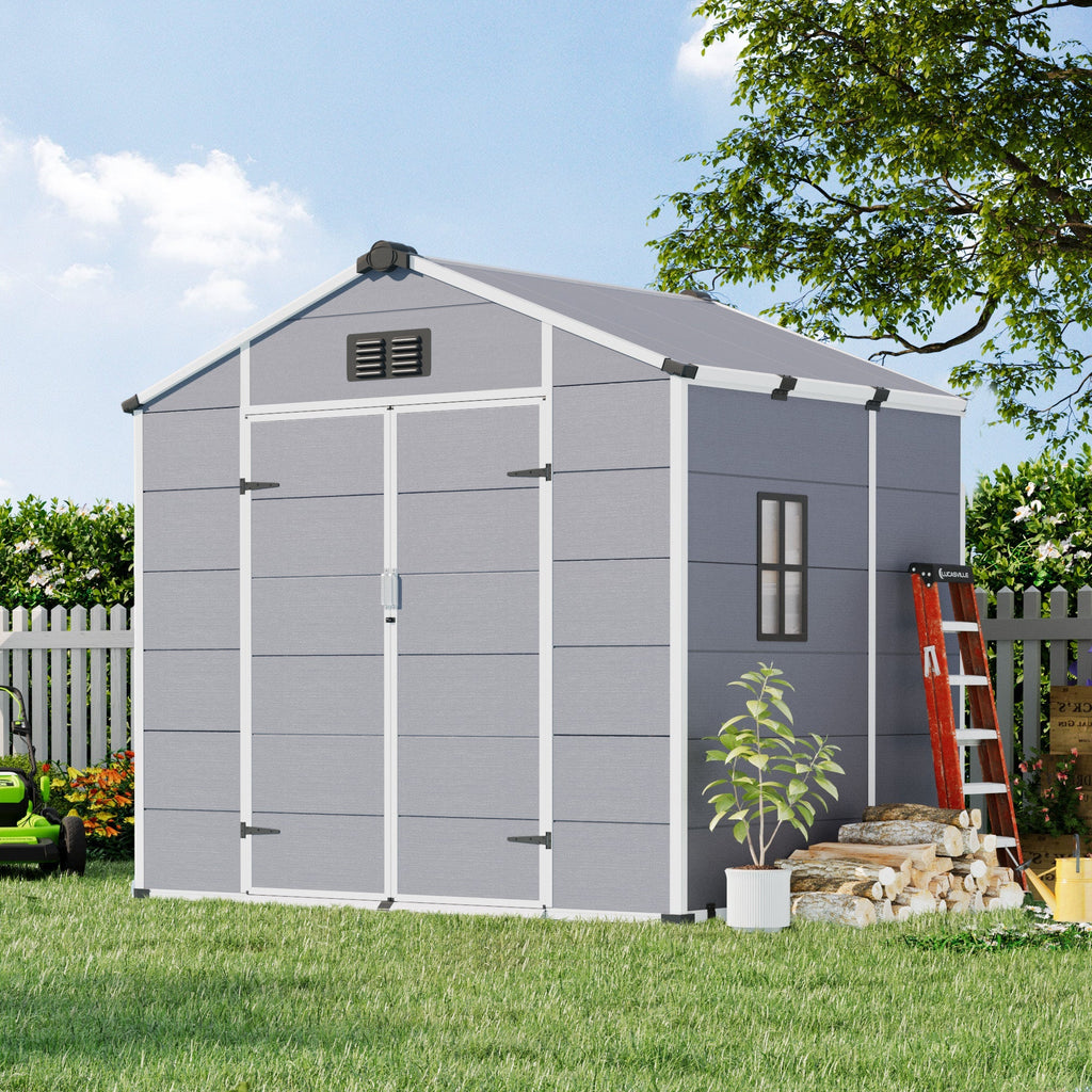8x6 FT Outdoor Storage Shed, Weather-Resistant Shed with Lockable Double Doors & Built-In Floor, Sloped Roof Outdoor Shed for Backyard, Patio & Lawn, Gray