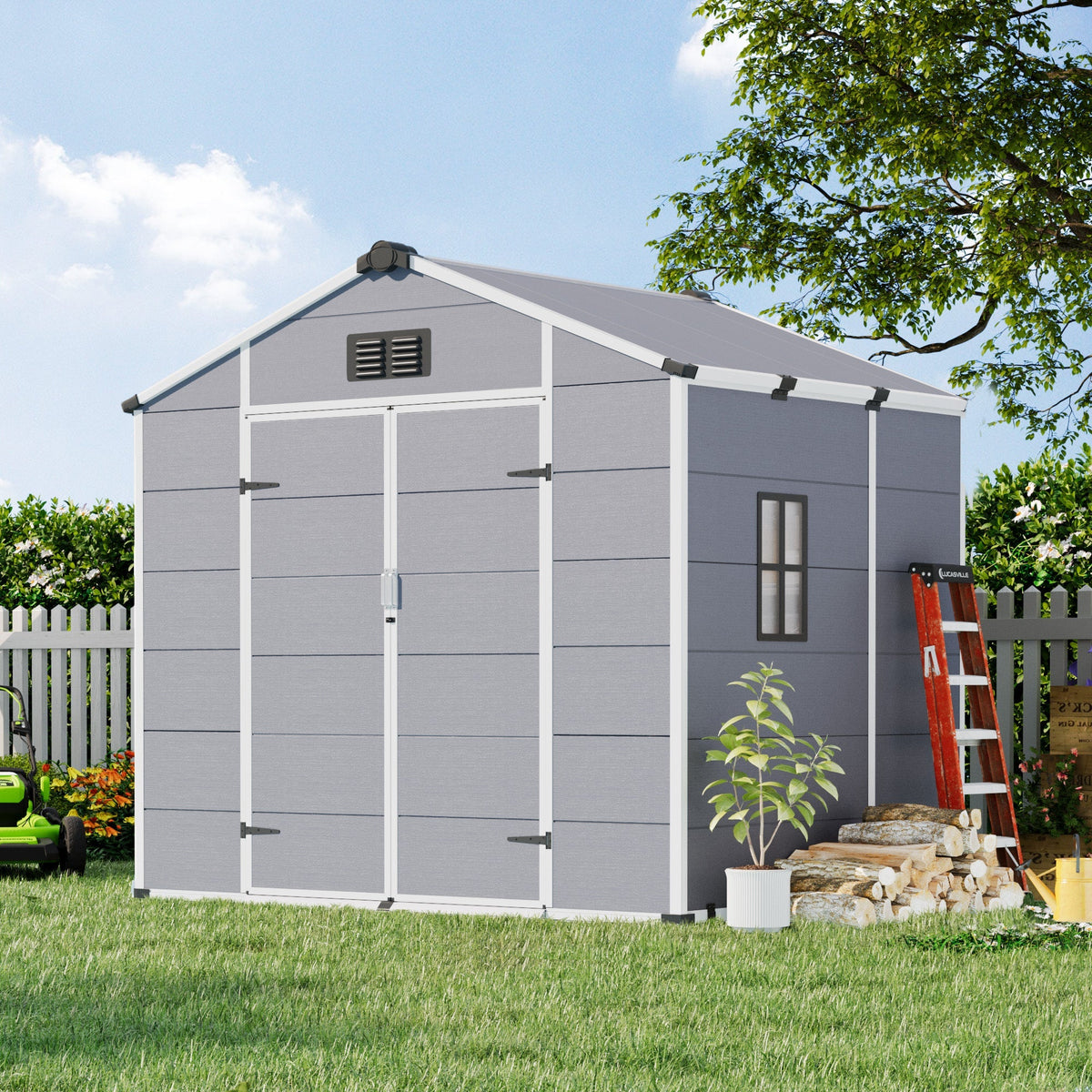 8x6 FT Outdoor Storage Shed, Weather-Resistant Shed with Lockable Double Doors & Built-In Floor, Sloped Roof Outdoor Shed for Backyard, Patio & Lawn, Gray