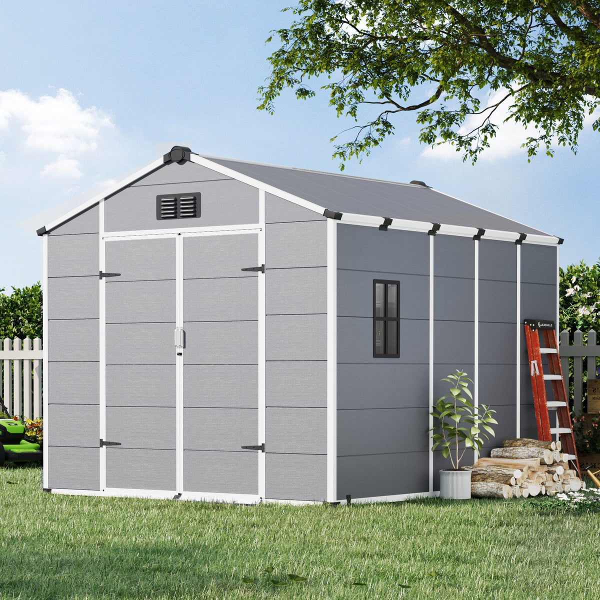 8x10 FT Outdoor Storage Shed, Weather-Resistant Shed with Lockable Double Doors & Built-In Floor, Sloped Roof Outdoor Shed for Backyard, Patio & Lawn, Gray