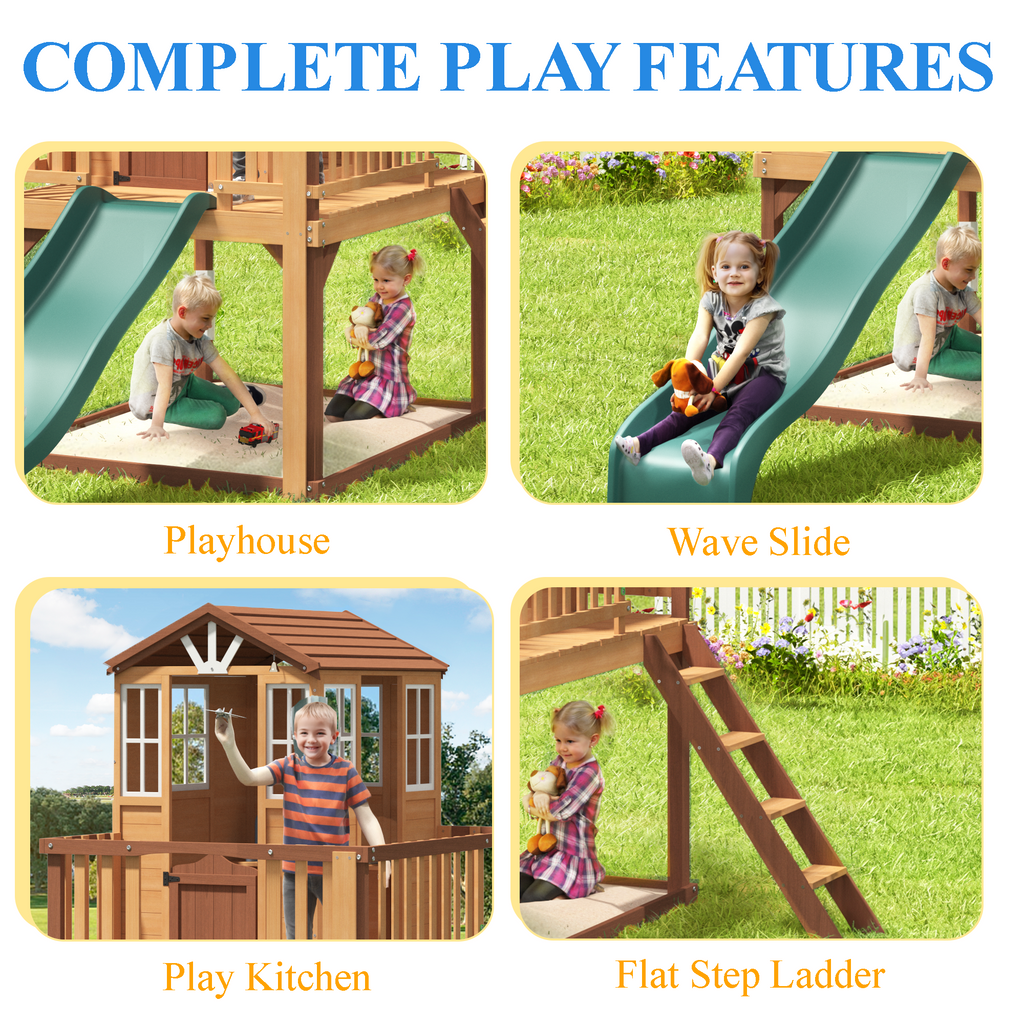 Erommy  Outdoor Wooden Playhouse for Kids - Fir Tree House with Slide, Climbing Ladder & Play Kitchen | Ages 4-8, Wood