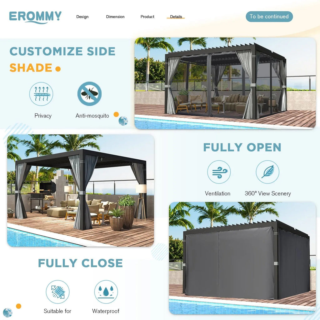 EROMMY 10x10 Louvered Pergola with Waterproof Rain Cover – Dark Grey