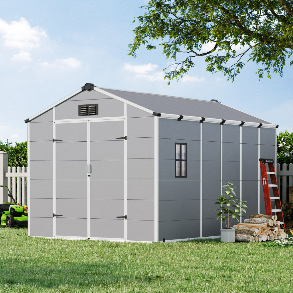 8x12 FT Outdoor Storage Shed, Weather-Resistant Shed with Lockable Double Doors & Built-In Floor, Sloped Roof Outdoor Shed for Backyard, Patio & Lawn, Gray