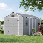 8x12 FT Outdoor Storage Shed, Weather-Resistant Shed with Lockable Double Doors & Built-In Floor, Sloped Roof Outdoor Shed for Backyard, Patio & Lawn, Gray