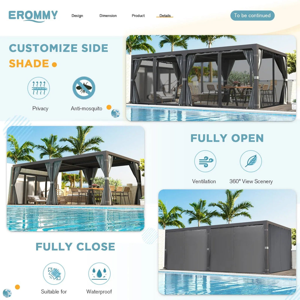 EROMMY 10x20 Metal Louvered Pergola with Outdoor Curtains – Dark Grey