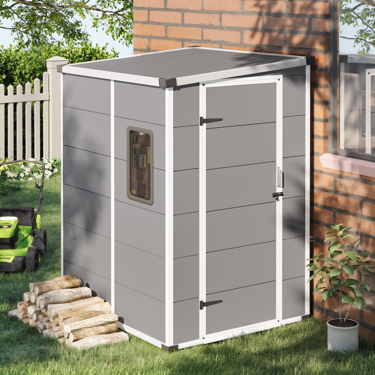 4x5 FT Outdoor Storage Shed, Weather-Resistant Shed with Lockable Double Doors & Built-In Floor, Sloped Roof Outdoor Shed for Backyard, Patio & Lawn, Gray
