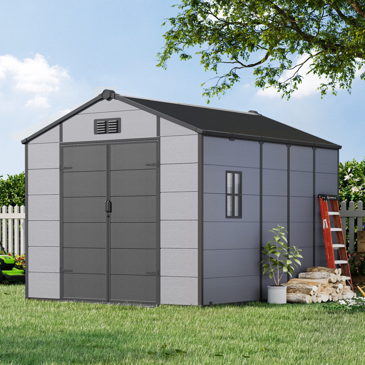 8x10 FT Outdoor Storage Shed, Weather-Resistant Shed with Lockable Double Doors & Built-In Floor, Sloped Roof Outdoor Shed for Backyard, Patio & Lawn, Black