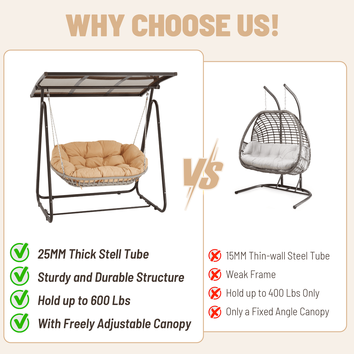 EROMMY 2-Seat Patio Swing Chair with Adjustable Canopy, Beige