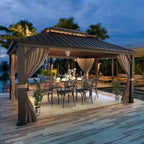 EROMMY 10' x 13' Hardtop Gazebo Canopy, Outdoor Aluminum Gazebo with Galvanized Steel Double Roof, Curtains and Netting Included, Brown