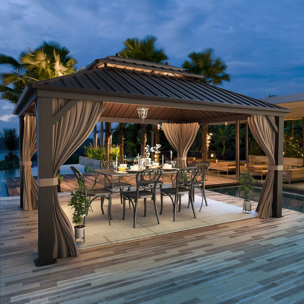 EROMMY 10' x 13' Hardtop Gazebo Canopy, Outdoor Aluminum Gazebo with Galvanized Steel Double Roof, Curtains and Netting Included, Brown