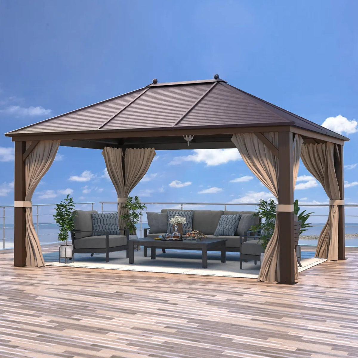 EROMMY 10' x 13' Hardtop Gazebo Hardtop Gazebo, Outdoor Galvanized Steel Canopy, Aluminum Furniture with Netting for Garden, Patio