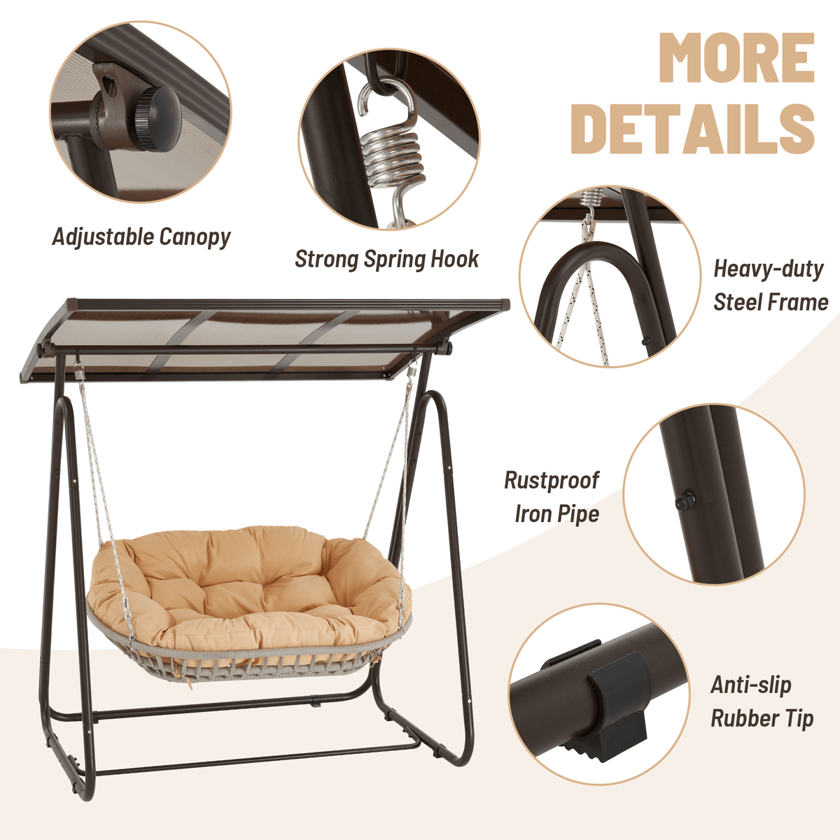 EROMMY 2-Seat Patio Swing Chair with Adjustable Canopy, Beige