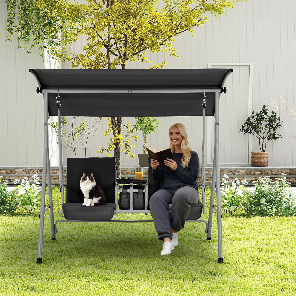 EROMMY 2-Person Outdoor Swing with Canopy, Storage Table, Cooler Bag & Cushions – Black