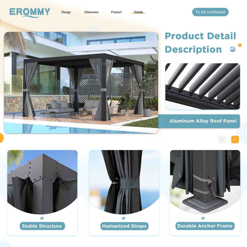 EROMMY 12x12 Pergola with Louvered Roof – Dark Grey