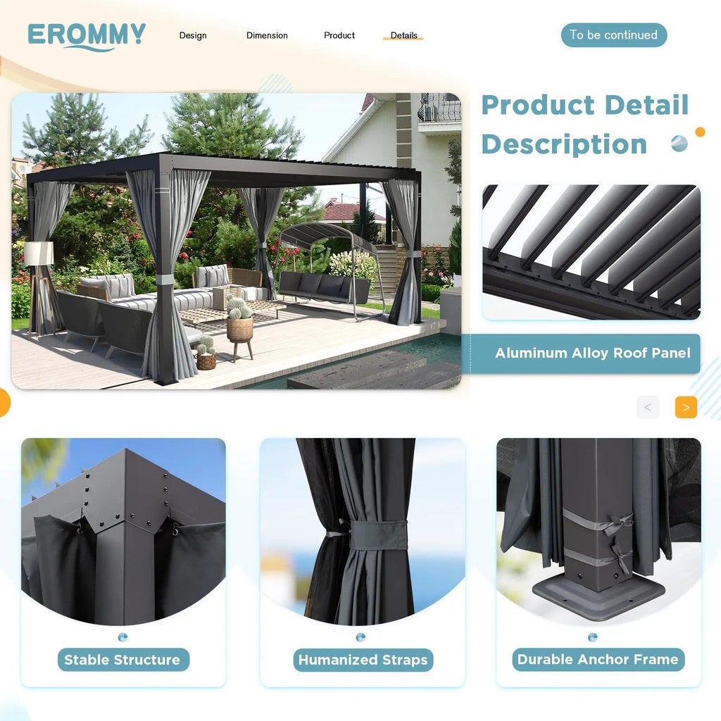 EROMMY 10x12 Outdoor Louvered Pergola with Adjustable Roof– Dark Grey