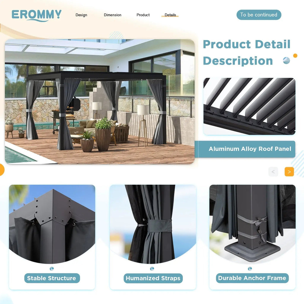 EROMMY 10x10 Louvered Pergola with Waterproof Rain Cover – Dark Grey