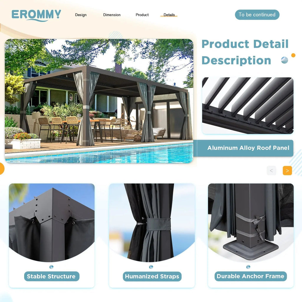 EROMMY 10x20 Metal Louvered Pergola with Outdoor Curtains – Dark Grey