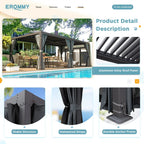 EROMMY 10x20 Metal Louvered Pergola with Outdoor Curtains – Dark Grey