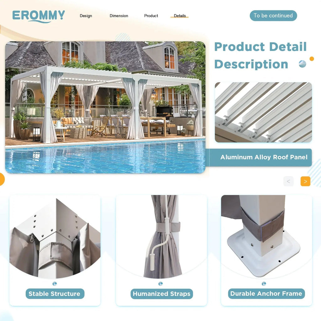 EROMMY 12x20 Freestanding Aluminum Pergola with Louvered Roof – White