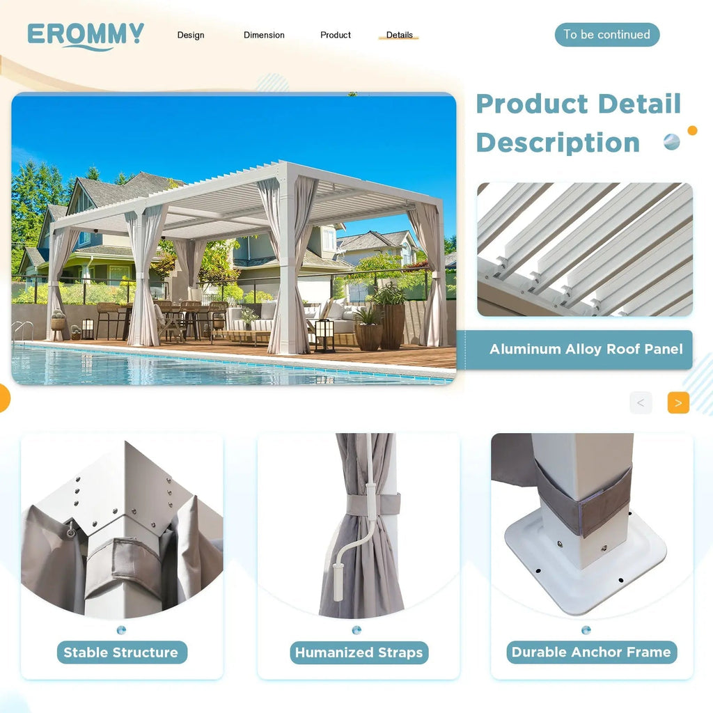 EROMMY 10x20 Louvered Pergola with Outdoor Curtains – White
