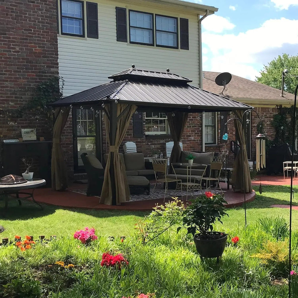 EROMMY 10' x 13' Hardtop Gazebo Canopy, Outdoor Aluminum Gazebo with Galvanized Steel Double Roof, Curtains and Netting Included, Brown