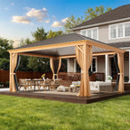 EROMMY 12' x 16' Hardtop Gazebo, Galvanized Steel Metal Single Roof Aluminum Gazebo with Curtain and Netting, Brown Permanent Pavilion