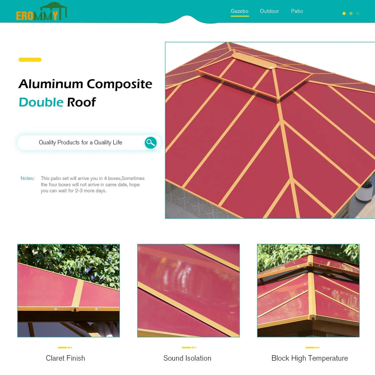 EROMMY 12X14 Aluminum Patio Gazebo with Double Roof
